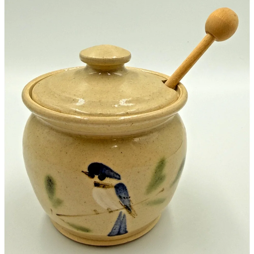 Vintage Gus Sherman Ohio Bluebird Art Pottery Honey Jar Pot Dipper Farmhouse